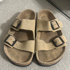 Birkenstock Tan Sandals with Black Buckles